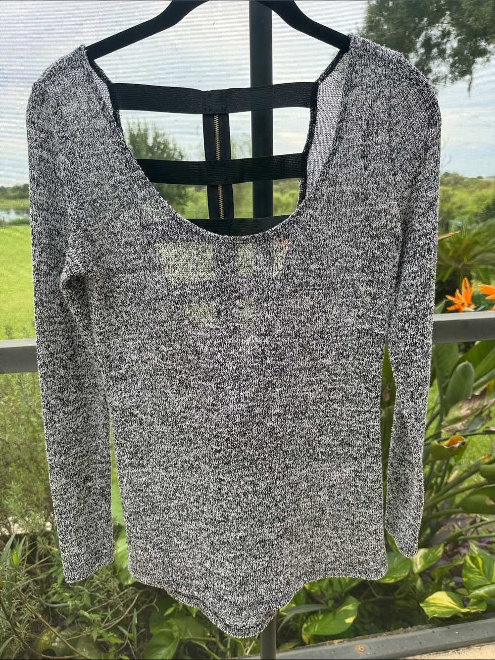 Marled Blue & Gray Scoop Neck Sweater with Open Back Straps s/m
